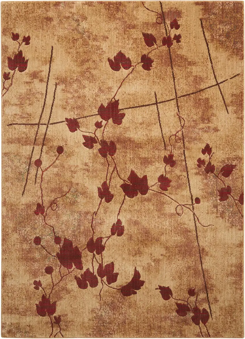 5' X 8' Tan and Red Botanical Leaves Power Loom Area Rug Photo 3