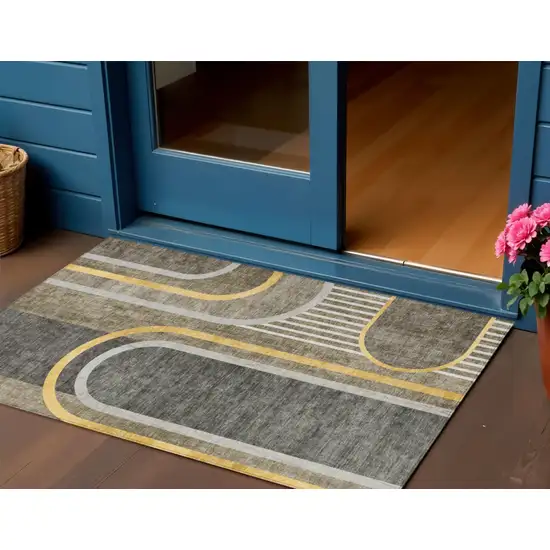 Gray Green and Gold Abstract Washable Non Skid Indoor Outdoor Area Rug Photo 1