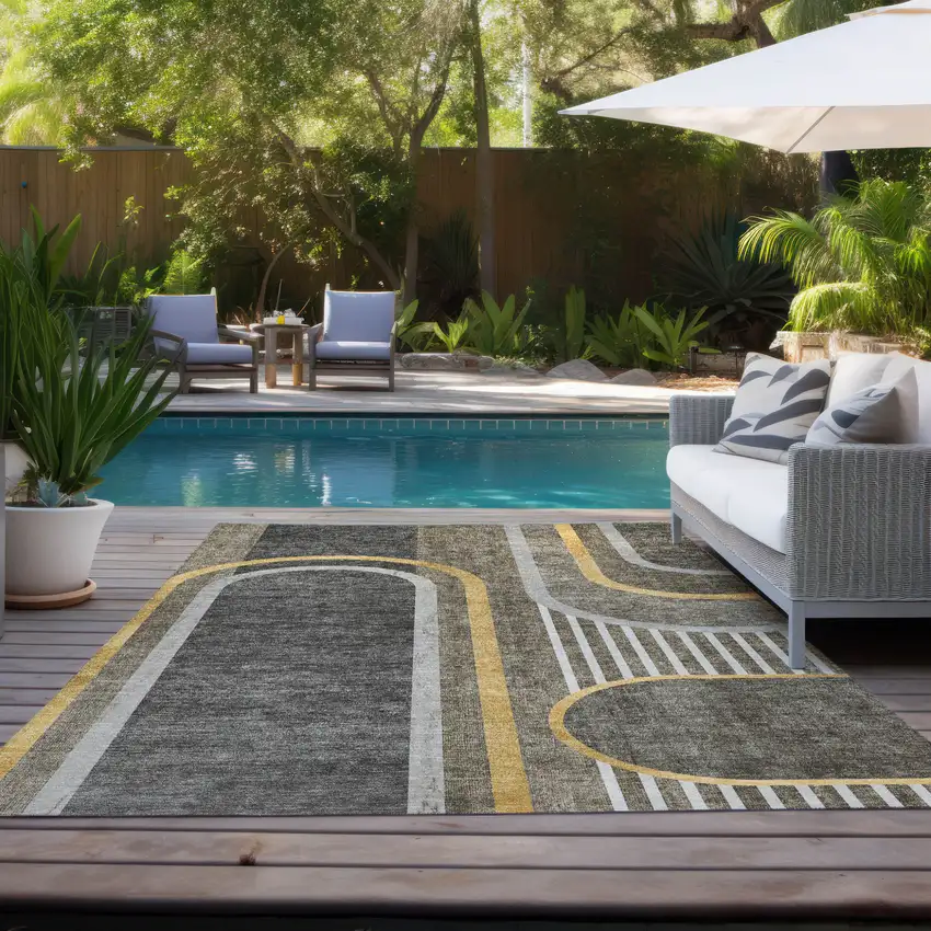 Gray Green and Gold Abstract Washable Non Skid Indoor Outdoor Area Rug Photo 7