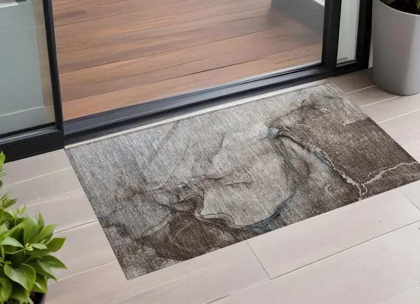 Taupe Abstract Washable Non Skid Indoor Outdoor Area Rug Photo 1