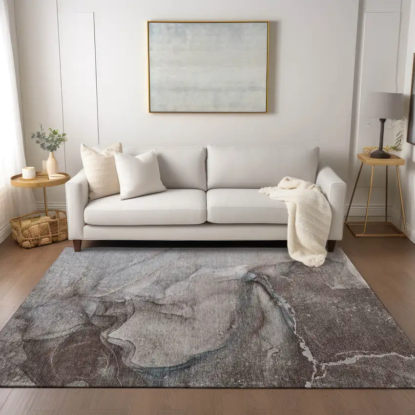Taupe Abstract Washable Non Skid Indoor Outdoor Area Rug Photo 9