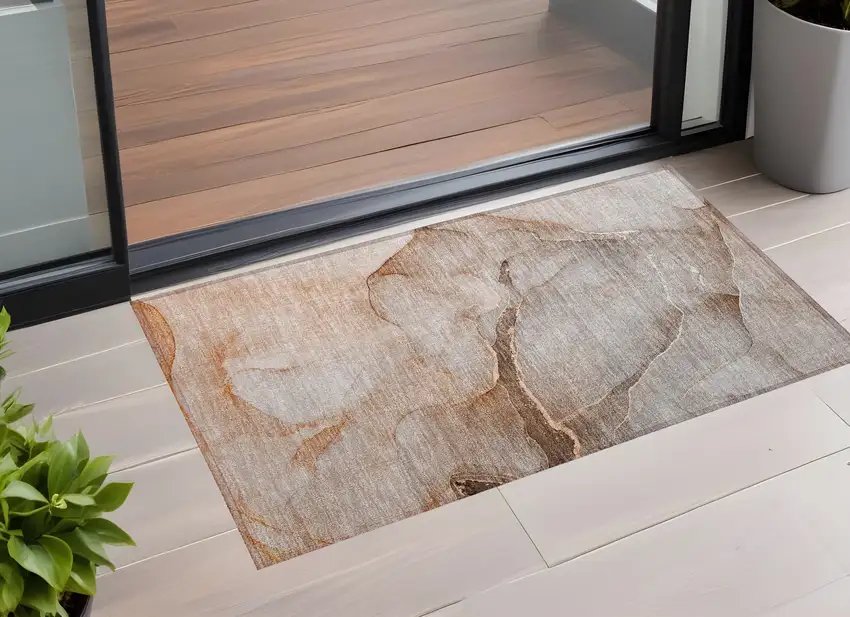 Taupe Abstract Washable Non Skid Indoor Outdoor Area Rug Photo 1
