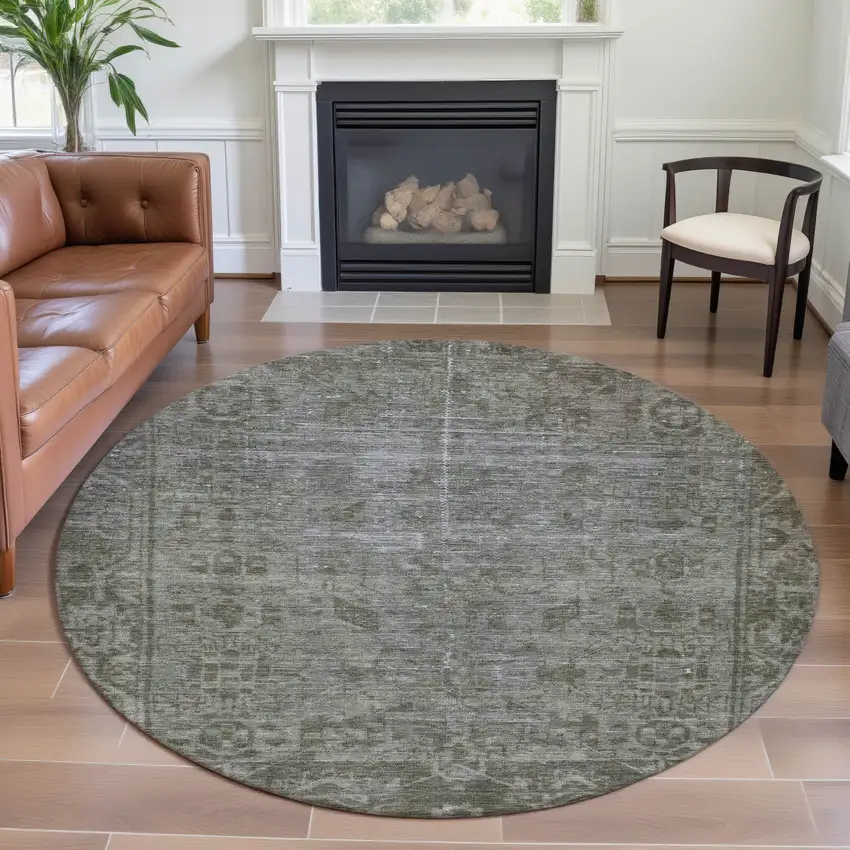 8' X 8' Taupe And Beige Oriental Washable Round Rug With UV Protection Photo 4