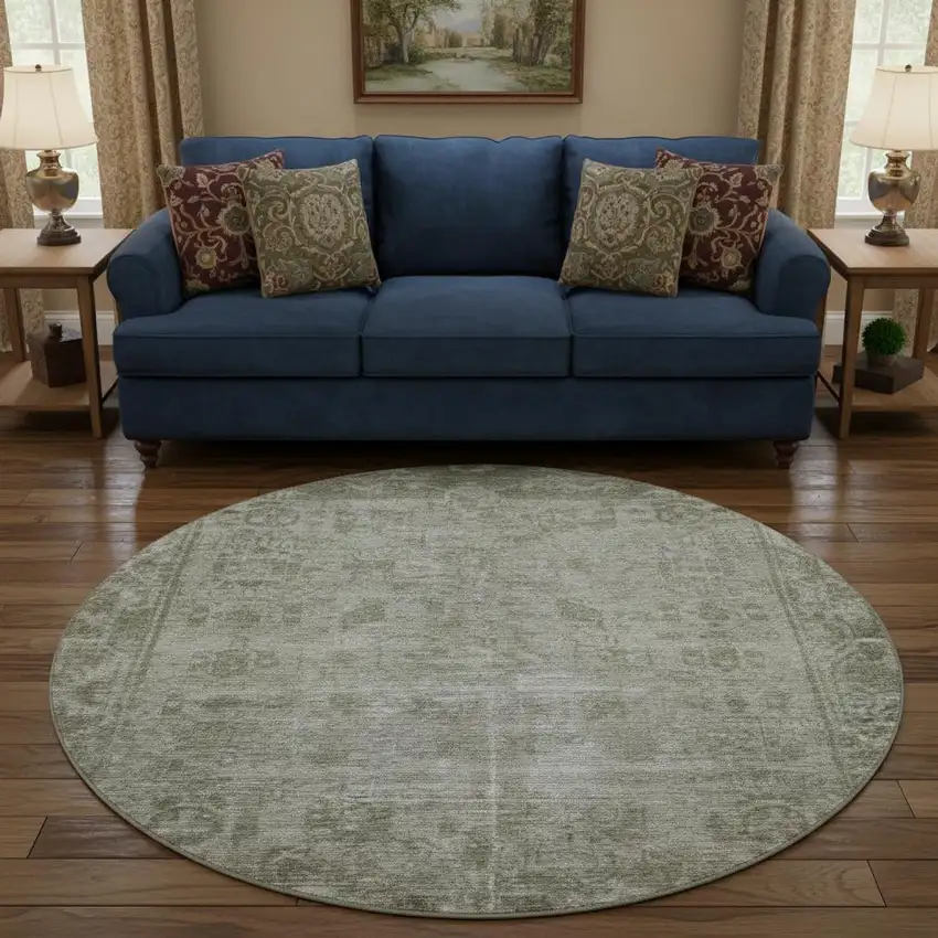 8' X 8' Taupe And Beige Oriental Washable Round Rug With UV Protection Photo 2
