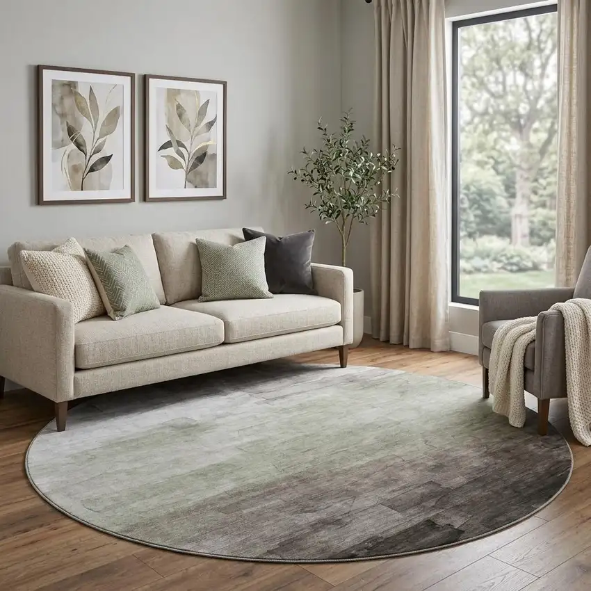 8' X 8' Taupe And Beige Striped Washable Round Rug With UV Protection Photo 1