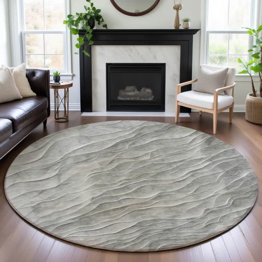 8' X 8' Taupe And Ivory Abstract Washable Round Rug With UV Protection Photo 4