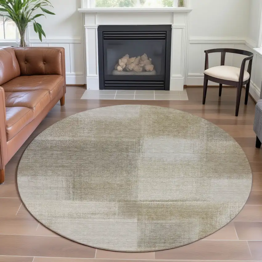8' X 8' Taupe And Ivory Geometric Washable Round Rug With UV Protection Photo 4