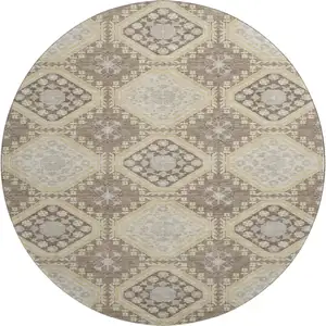 Photo of 8' X 8' Taupe Beige And Gray Floral Washable Round Rug With UV Protection