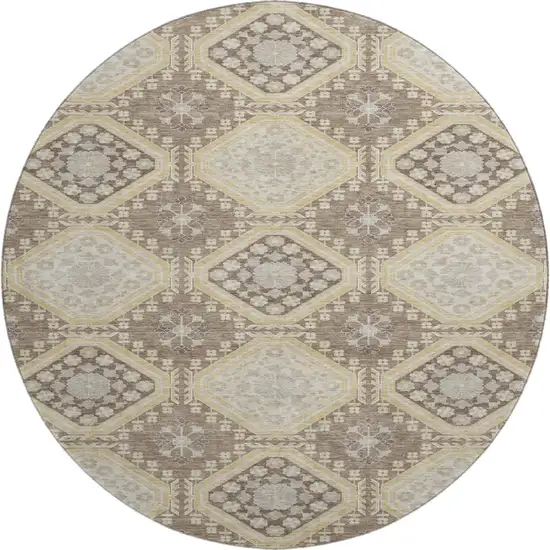 8' X 8' Taupe Beige And Gray Floral Washable Round Rug With UV Protection Photo 1