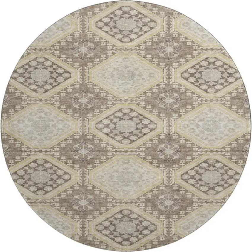 8' X 8' Taupe Beige And Gray Floral Washable Round Rug With UV Protection Photo 1