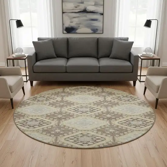 8' X 8' Taupe Beige And Gray Floral Washable Round Rug With UV Protection Photo 2