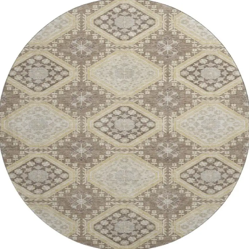 8' X 8' Taupe Beige And Gray Floral Washable Round Rug With UV Protection Photo 2