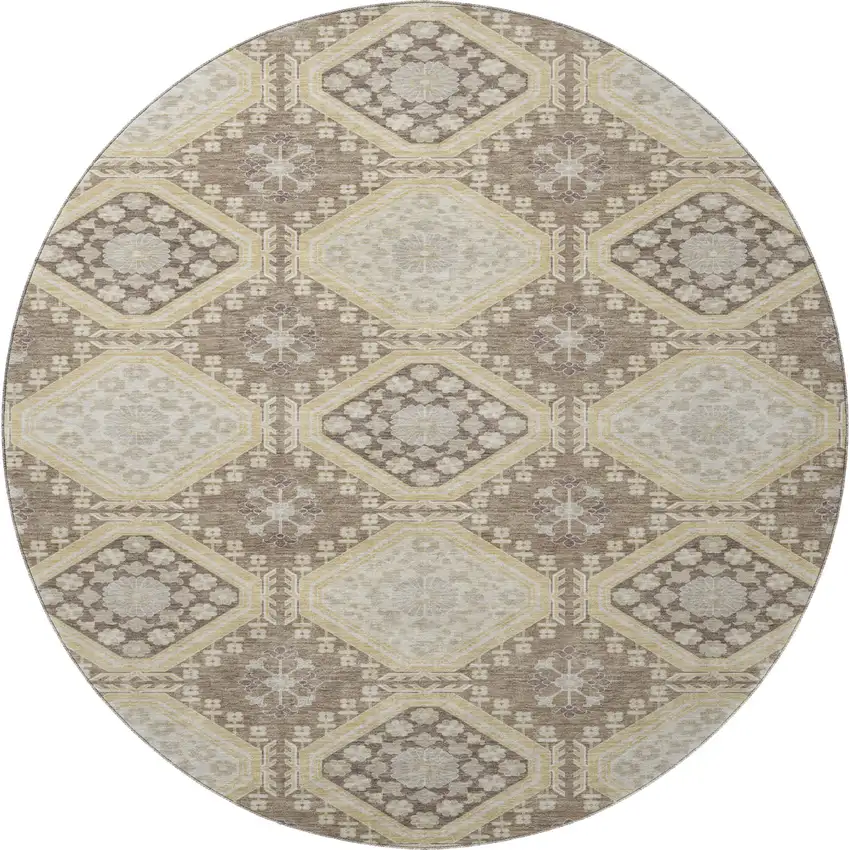 8' X 8' Taupe Beige And Gray Floral Washable Round Rug With UV Protection Photo 3