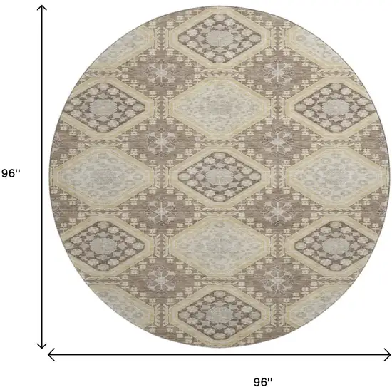 8' X 8' Taupe Beige And Gray Floral Washable Round Rug With UV Protection Photo 9