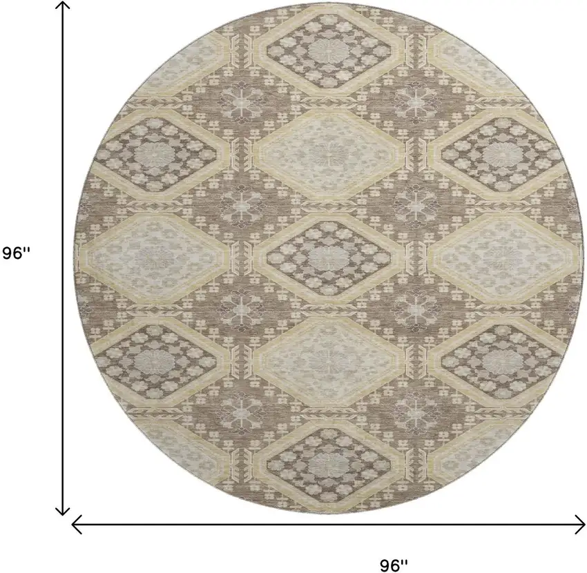 8' X 8' Taupe Beige And Gray Floral Washable Round Rug With UV Protection Photo 9