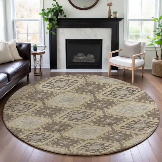 8' X 8' Taupe Beige And Gray Floral Washable Round Rug With UV Protection Photo 4