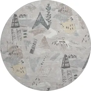 Photo of 8' X 8' Taupe Beige And Gray Geometric Washable Round Rug With UV Protection