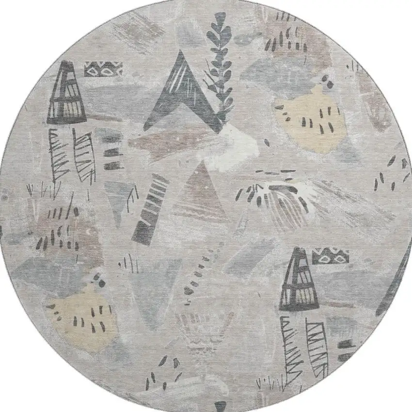 8' X 8' Taupe Beige And Gray Geometric Washable Round Rug With UV Protection Photo 3
