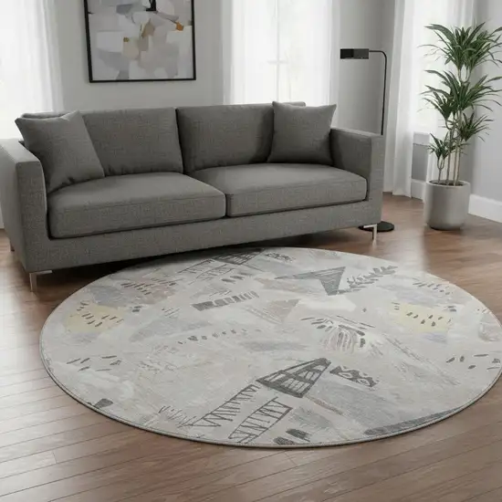 8' X 8' Taupe Beige And Gray Geometric Washable Round Rug With UV Protection Photo 2