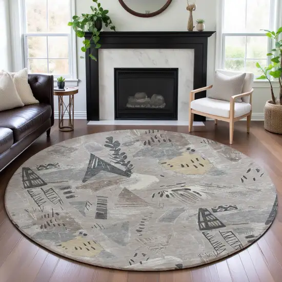 8' X 8' Taupe Beige And Gray Geometric Washable Round Rug With UV Protection Photo 4