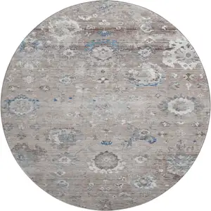Photo of 8' X 8' Taupe Blue And Beige Oriental Washable Round Rug With UV Protection
