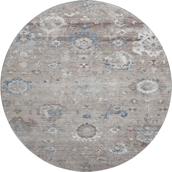 8' X 8' Taupe Blue And Beige Oriental Washable Round Rug With UV Protection Photo 1