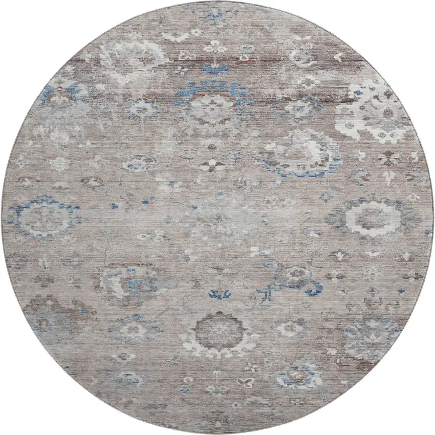 8' X 8' Taupe Blue And Beige Oriental Washable Round Rug With UV Protection Photo 1