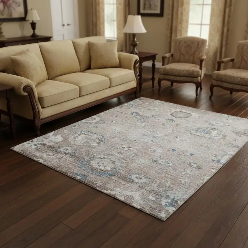 8' X 8' Taupe Blue And Beige Oriental Washable Round Rug With UV Protection Photo 2