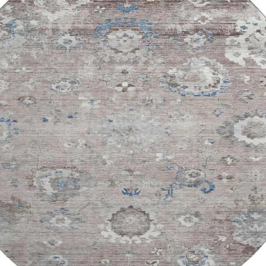 8' X 8' Taupe Blue And Beige Oriental Washable Round Rug With UV Protection Photo 2