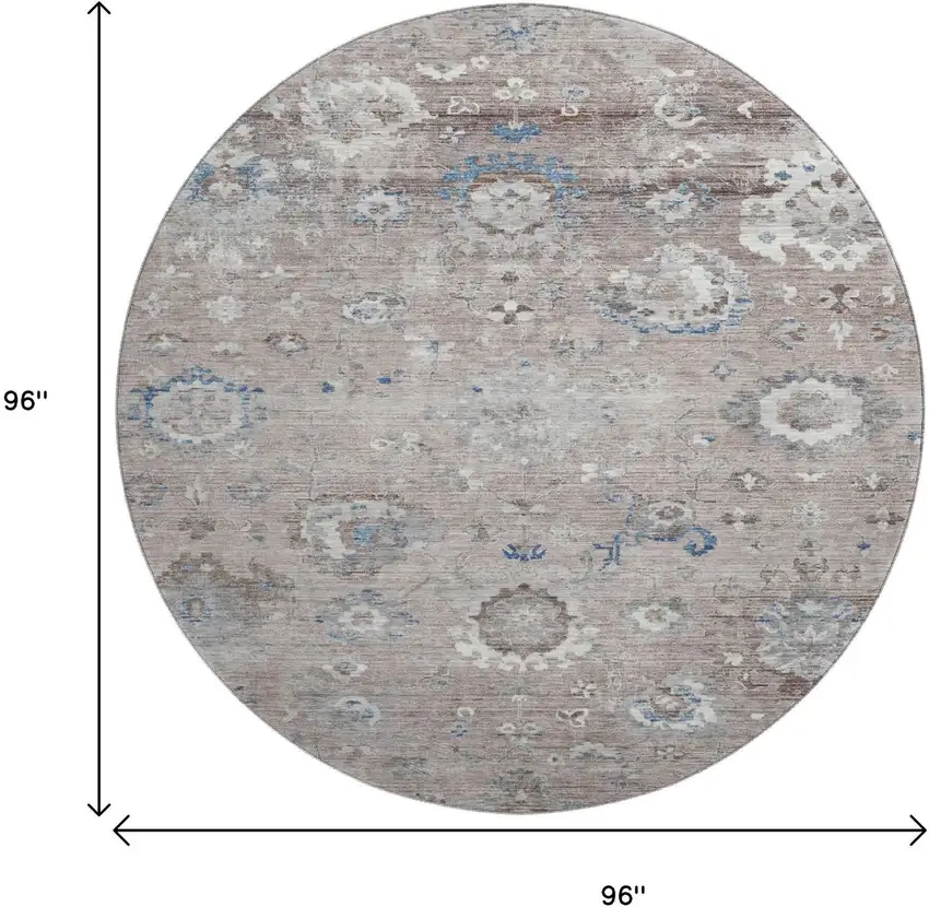 8' X 8' Taupe Blue And Beige Oriental Washable Round Rug With UV Protection Photo 9