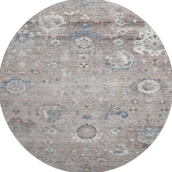8' X 8' Taupe Blue And Beige Oriental Washable Round Rug With UV Protection Photo 3