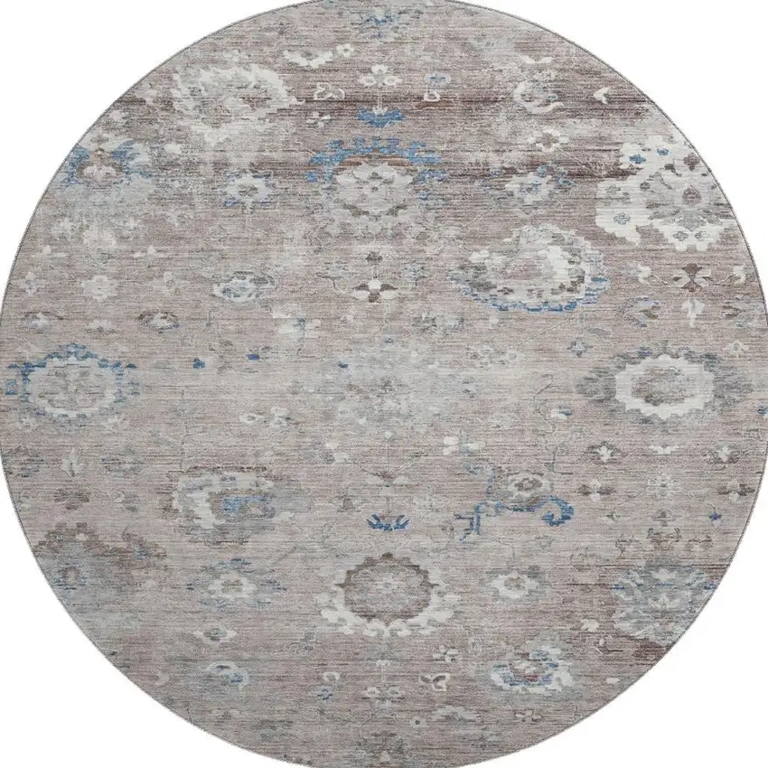 8' X 8' Taupe Blue And Beige Oriental Washable Round Rug With UV Protection Photo 3