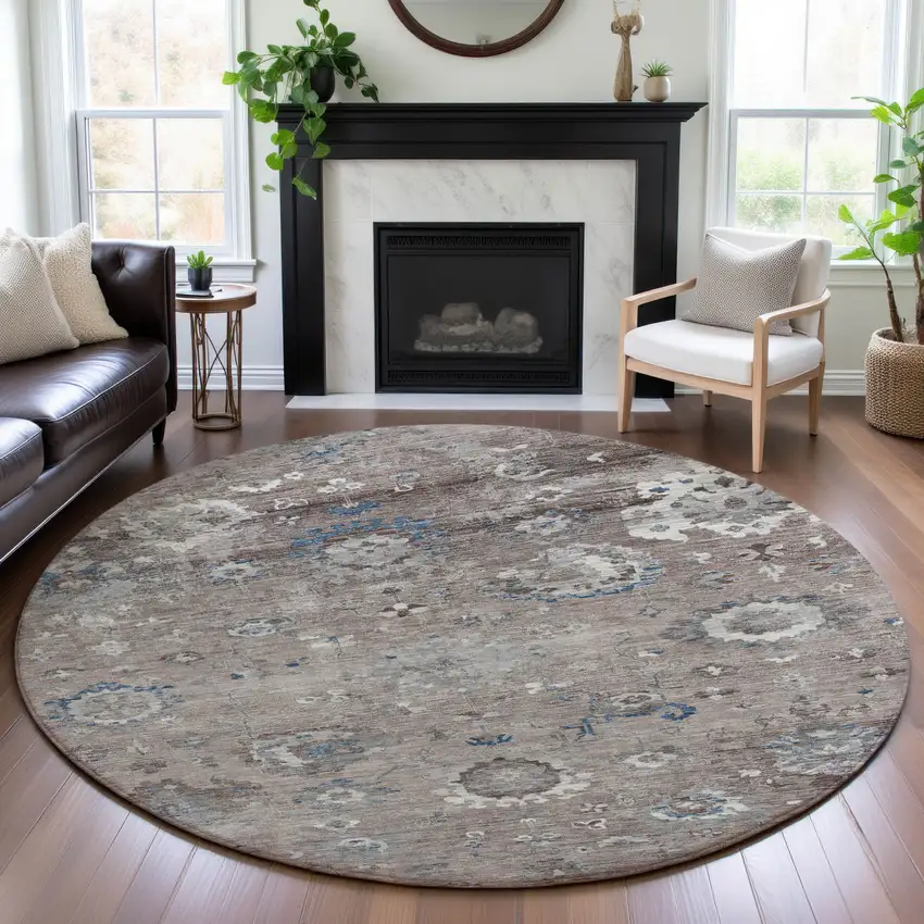 8' X 8' Taupe Blue And Beige Oriental Washable Round Rug With UV Protection Photo 4