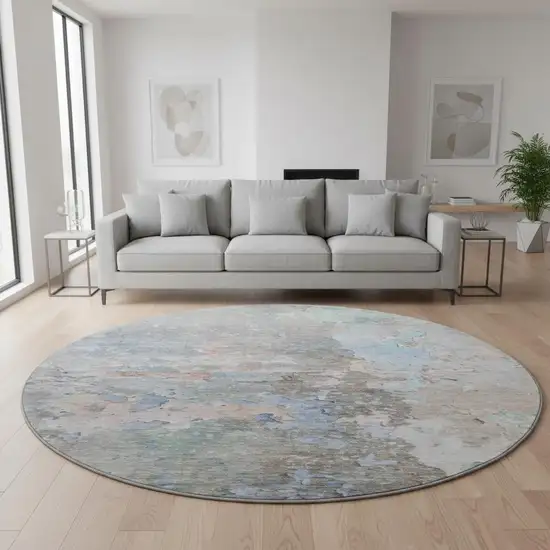 8' X 8' Taupe Blue And Gray Abstract Washable Round Rug With UV Protection Photo 2