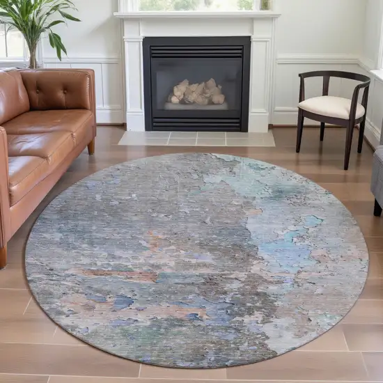8' X 8' Taupe Blue And Gray Abstract Washable Round Rug With UV Protection Photo 3