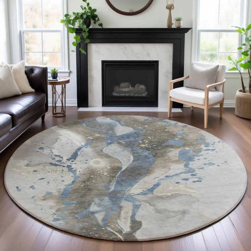 8' X 8' Taupe Blue And Ivory Abstract Washable Round Rug With UV Protection Photo 4