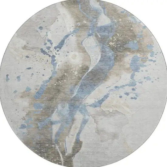 8' X 8' Taupe Blue And Ivory Abstract Washable Round Rug With UV Protection Photo 2