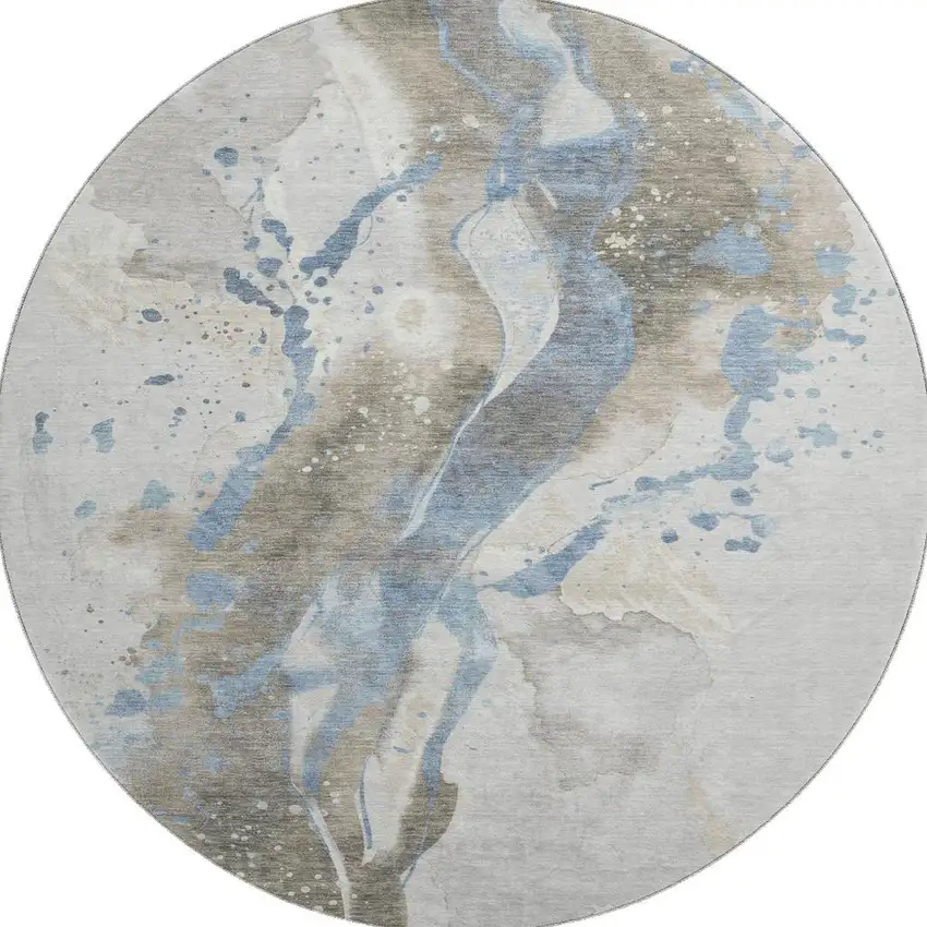 8' X 8' Taupe Blue And Ivory Abstract Washable Round Rug With UV Protection Photo 2