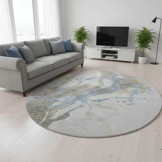 8' X 8' Taupe Blue And Ivory Abstract Washable Round Rug With UV Protection Photo 2