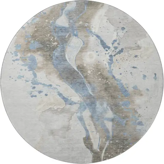 8' X 8' Taupe Blue And Ivory Abstract Washable Round Rug With UV Protection Photo 3
