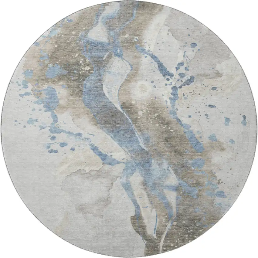 8' X 8' Taupe Blue And Ivory Abstract Washable Round Rug With UV Protection Photo 3