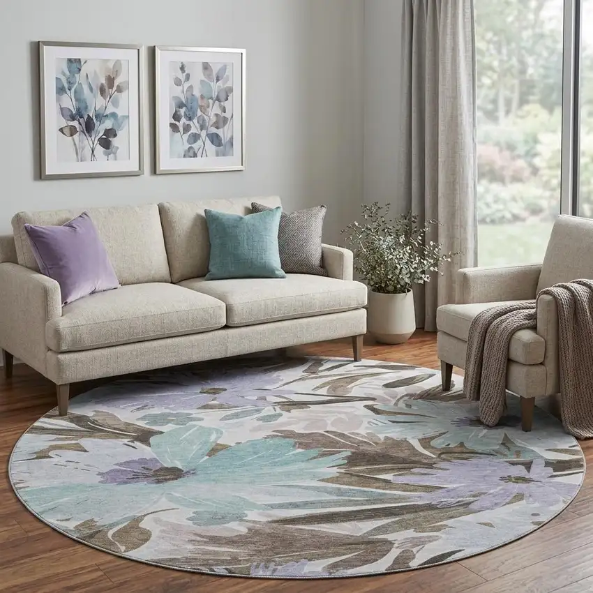 8' X 8' Taupe Blue And Lavender Floral Washable Round Rug With UV Protection Photo 1