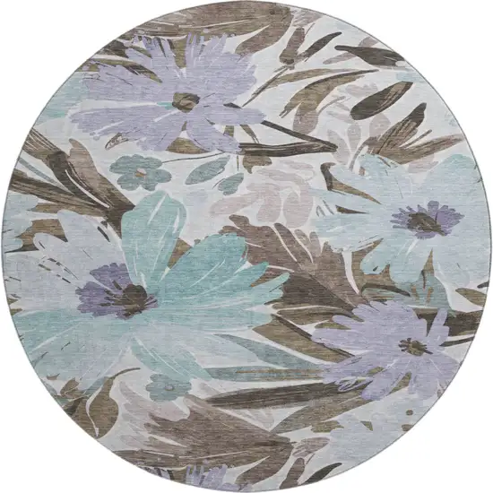 8' X 8' Taupe Blue And Lavender Floral Washable Round Rug With UV Protection Photo 1