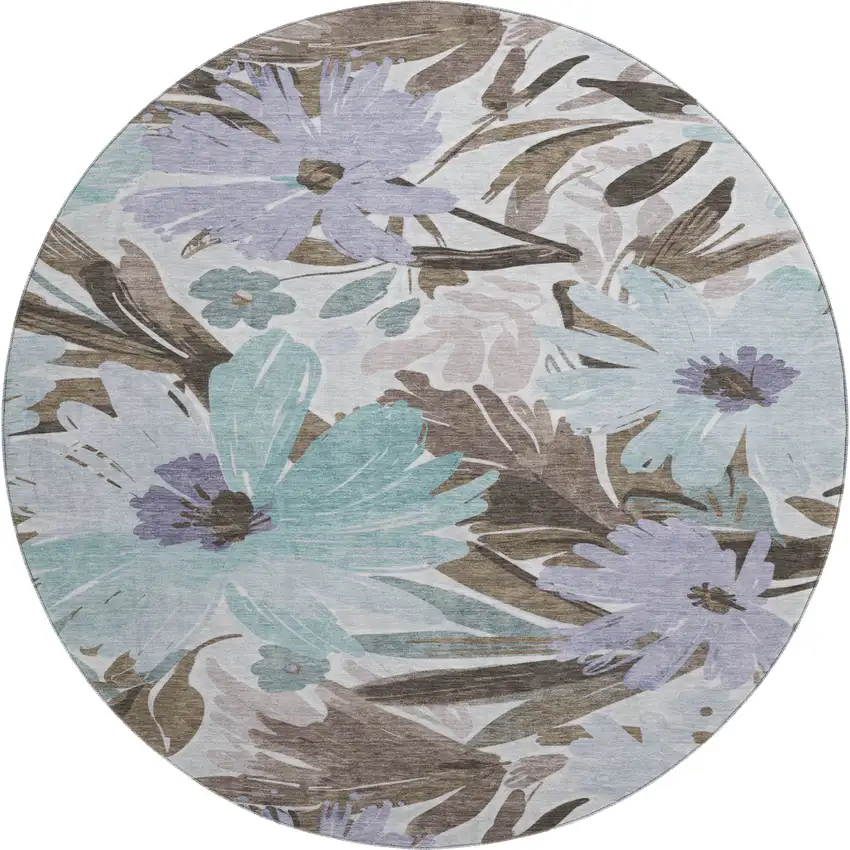 8' X 8' Taupe Blue And Lavender Floral Washable Round Rug With UV Protection Photo 1