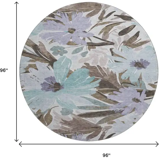 8' X 8' Taupe Blue And Lavender Floral Washable Round Rug With UV Protection Photo 9