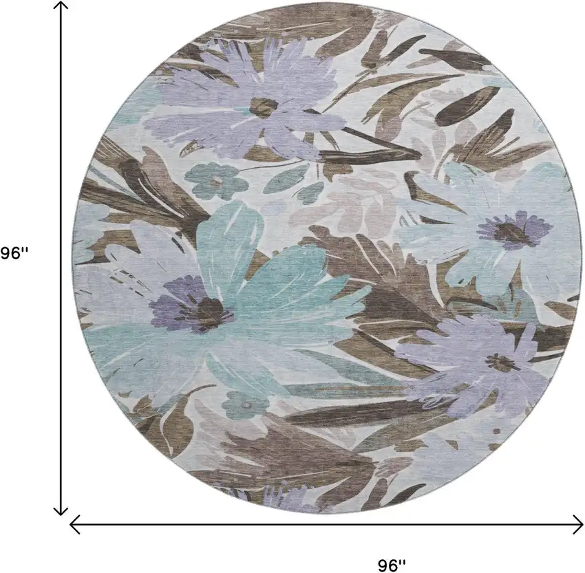 8' X 8' Taupe Blue And Lavender Floral Washable Round Rug With UV Protection Photo 9