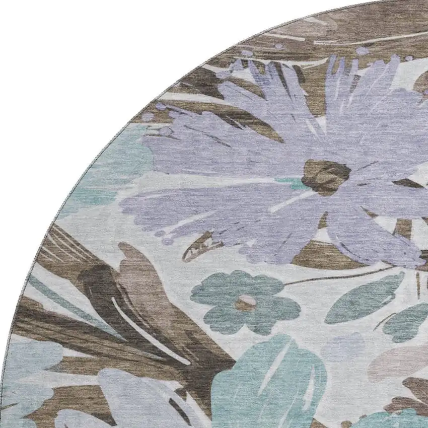 8' X 8' Taupe Blue And Lavender Floral Washable Round Rug With UV Protection Photo 3