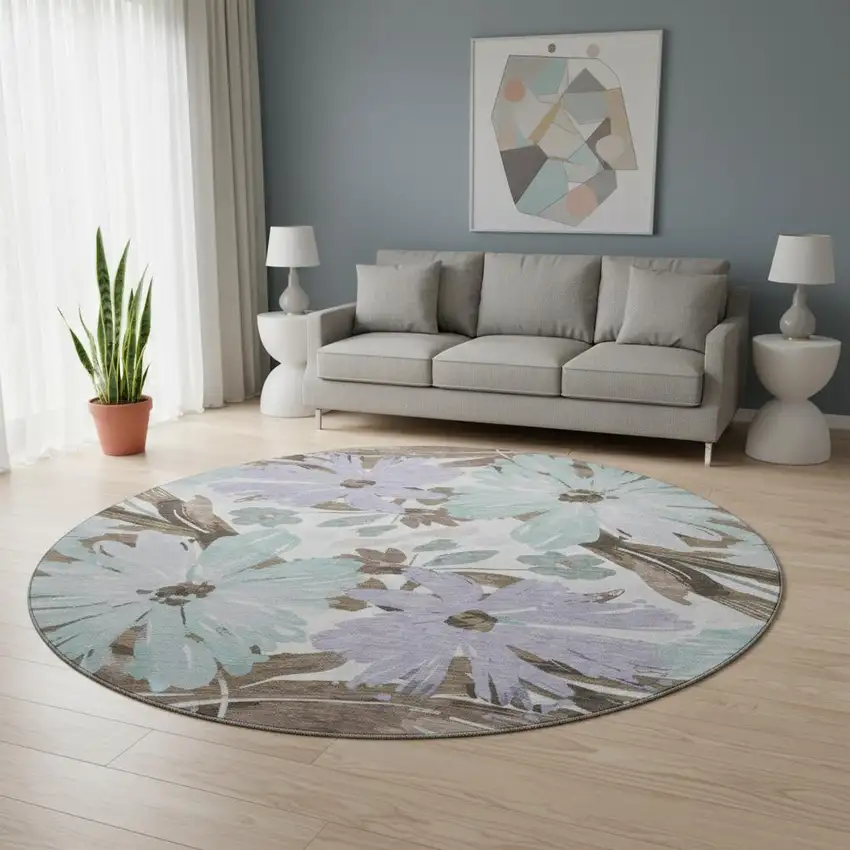 8' X 8' Taupe Blue And Lavender Floral Washable Round Rug With UV Protection Photo 2