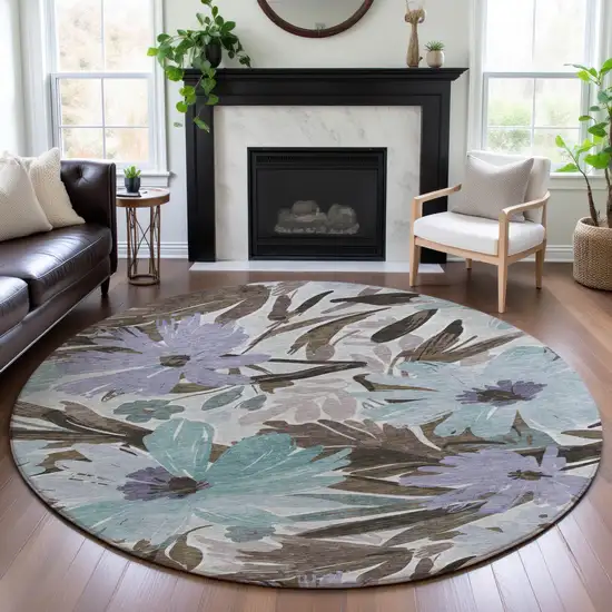 8' X 8' Taupe Blue And Lavender Floral Washable Round Rug With UV Protection Photo 4