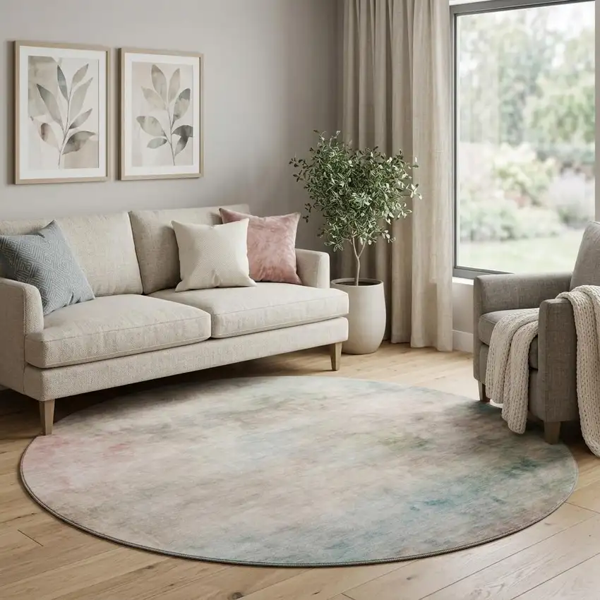 8' X 8' Taupe Blush And Teal Abstract Washable Round Rug With UV Protection Photo 1